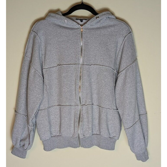 Boohoo Women’s Small Patchwork Full Zip Oversized Gray Hoodie Cozy Comfort Relax - Picture 1 of 7